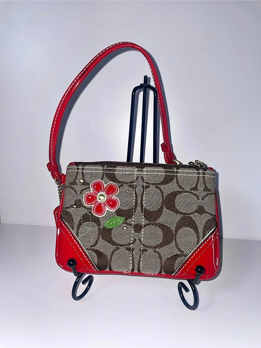 Coach Signature Poppy Flower Applique Wristlet Brown & Red
